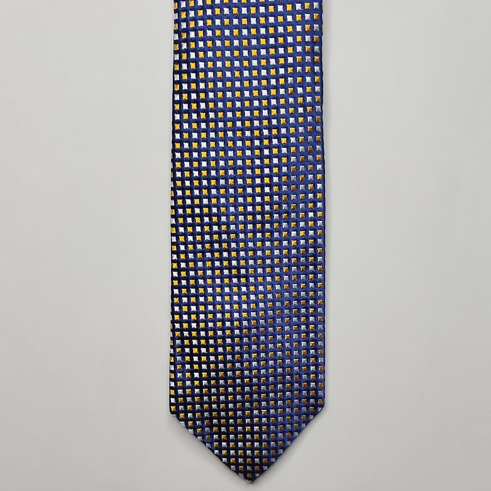 Brn Silver Cravate Sophisticated Blue and Gold Patterned Men's Silk Tie